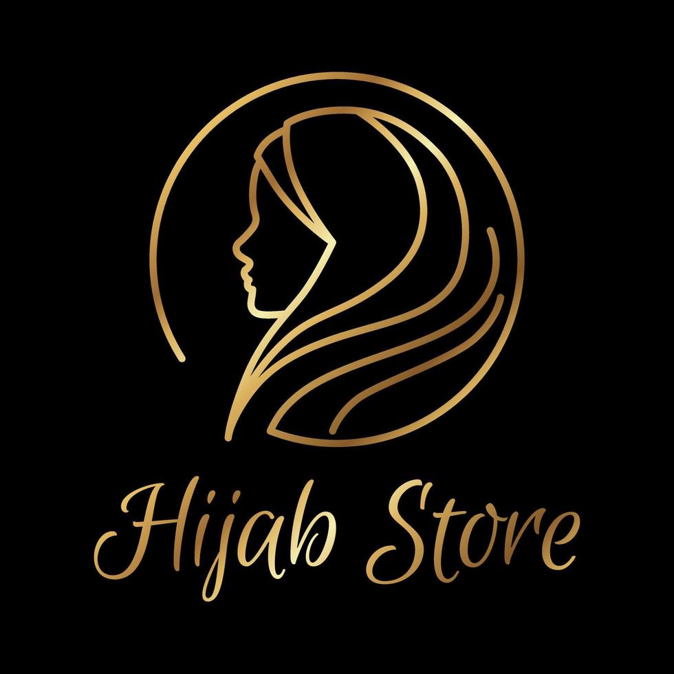 mujer musulmana con hiyab. símbolo de vector de diseño de logotipo de moda. plantilla de logotipo de bufanda para tienda, tienda, impresión. dorado y negro