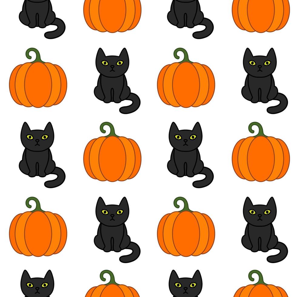 patrón sin costuras de dibujos animados de halloween. gato negro, calabaza naranja vector