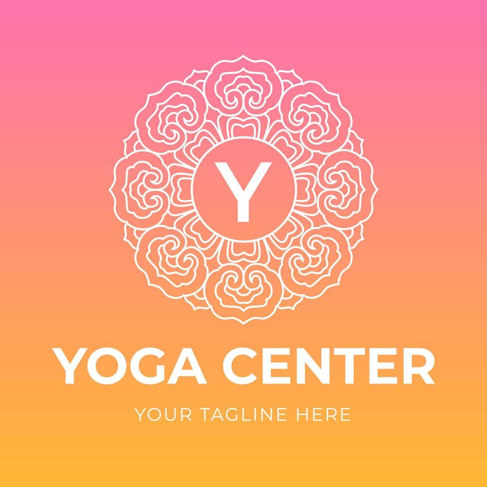 Vector logo design template pink background. Emblem with mandala floral ornament.