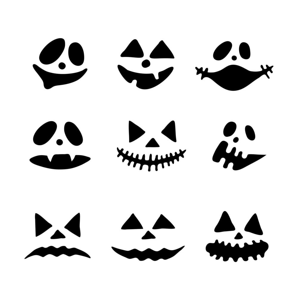 Vector set of Halloween doodle elements. Terrible Holiday Masks. silhouette smiling faces art. Kawaii characters.