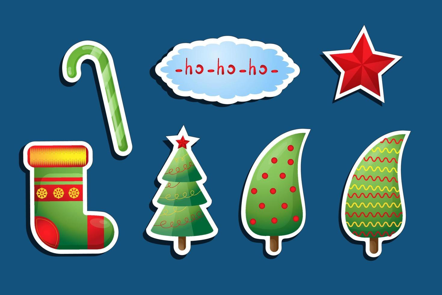 Christmas vector stickers. illustration with picture of tree, fir, socks, star and candy