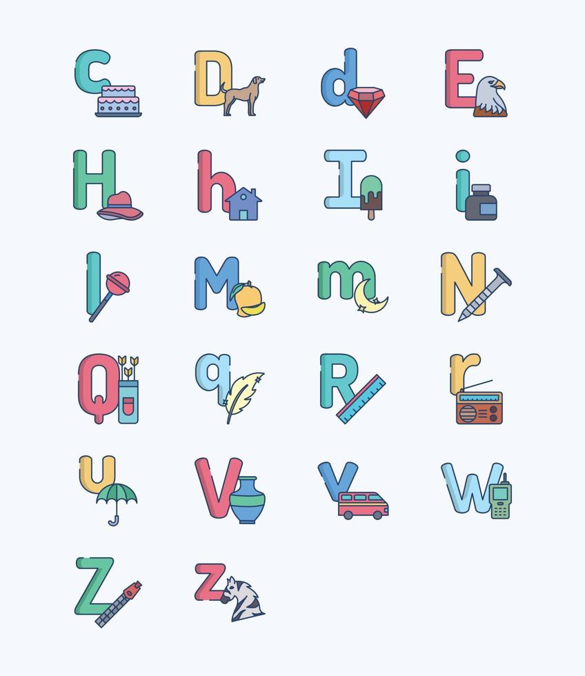 Alphabet letters linear coloured icon set vector