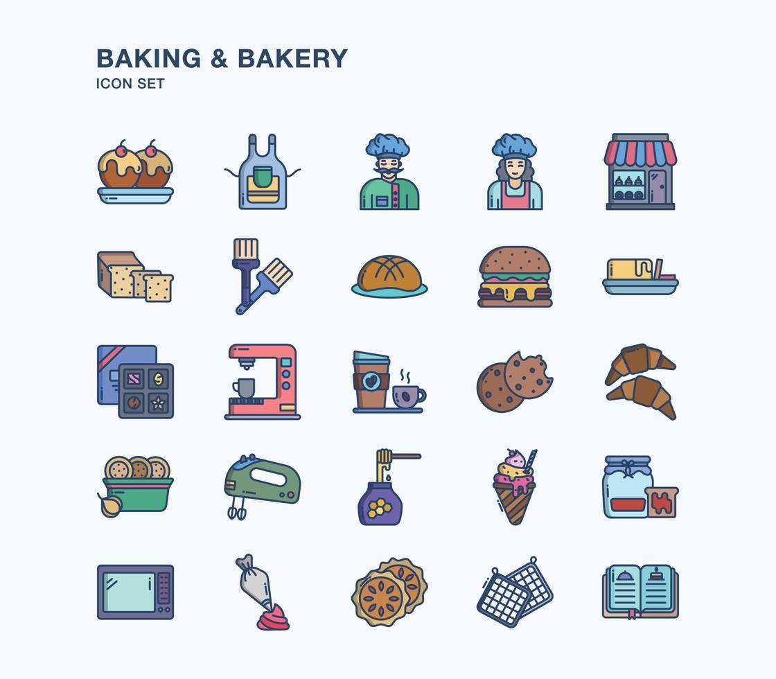 Baking and Bakery linear coloured icon set vector