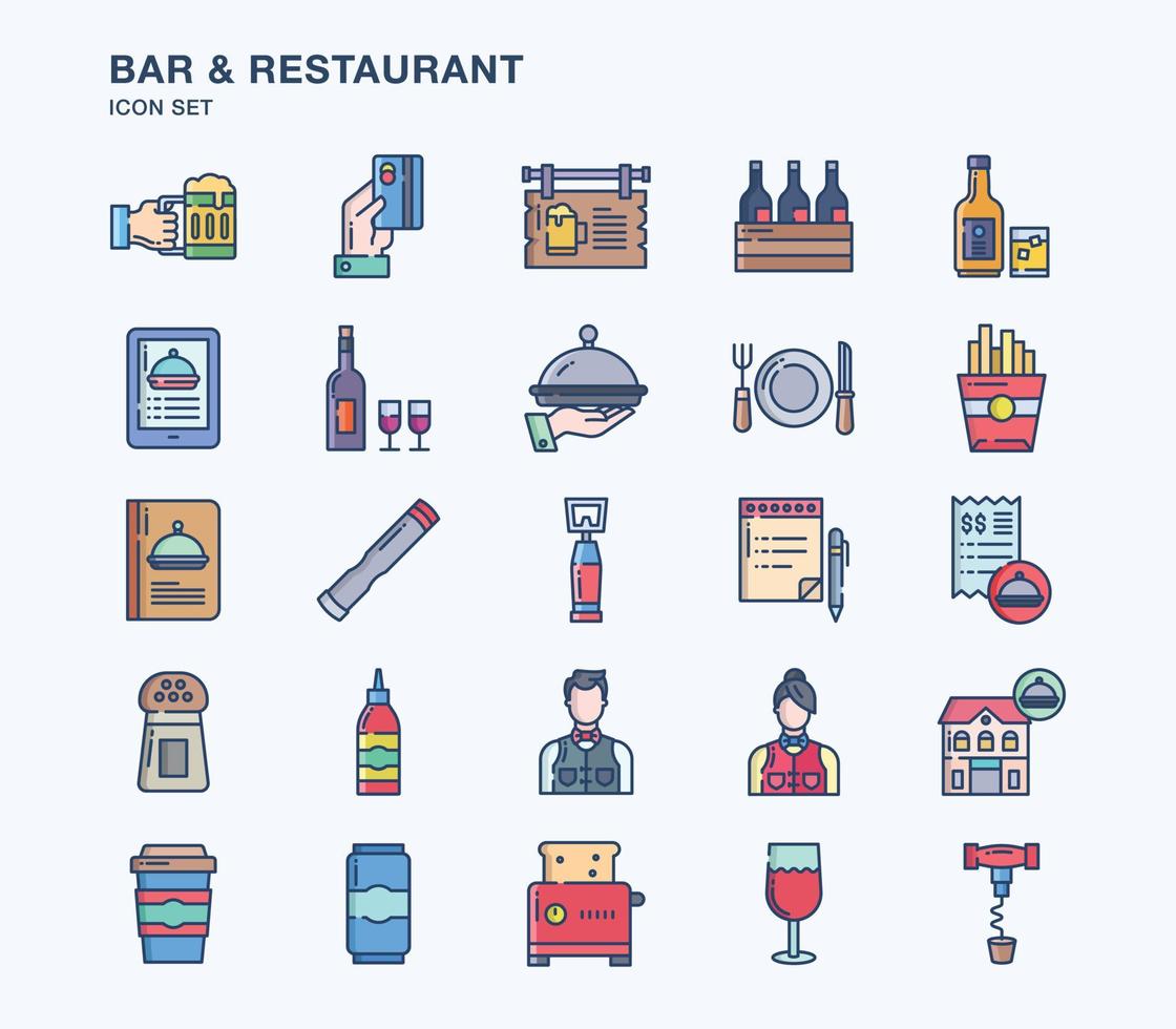 Bar and Restaurant linear coloured icon set vector