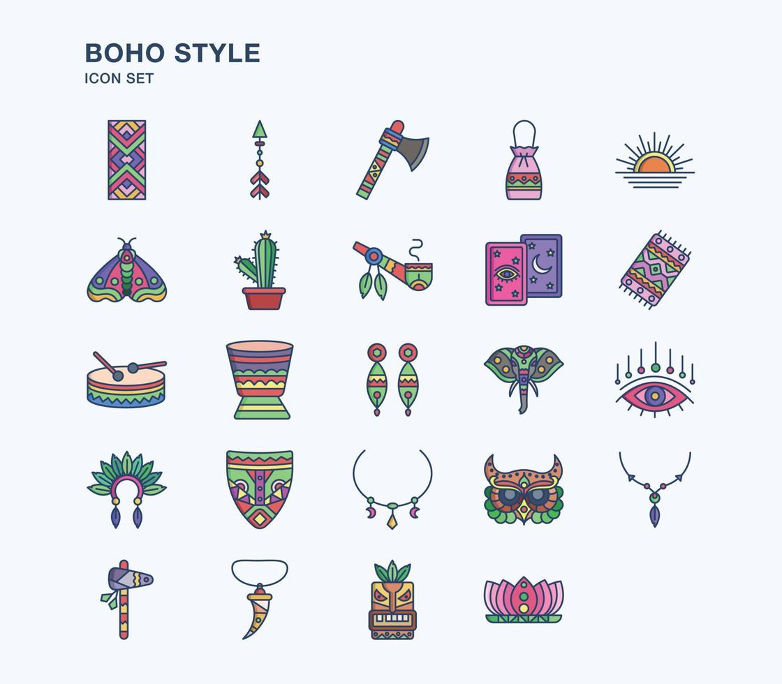 Boho and tribal style linear coloured icon set vector