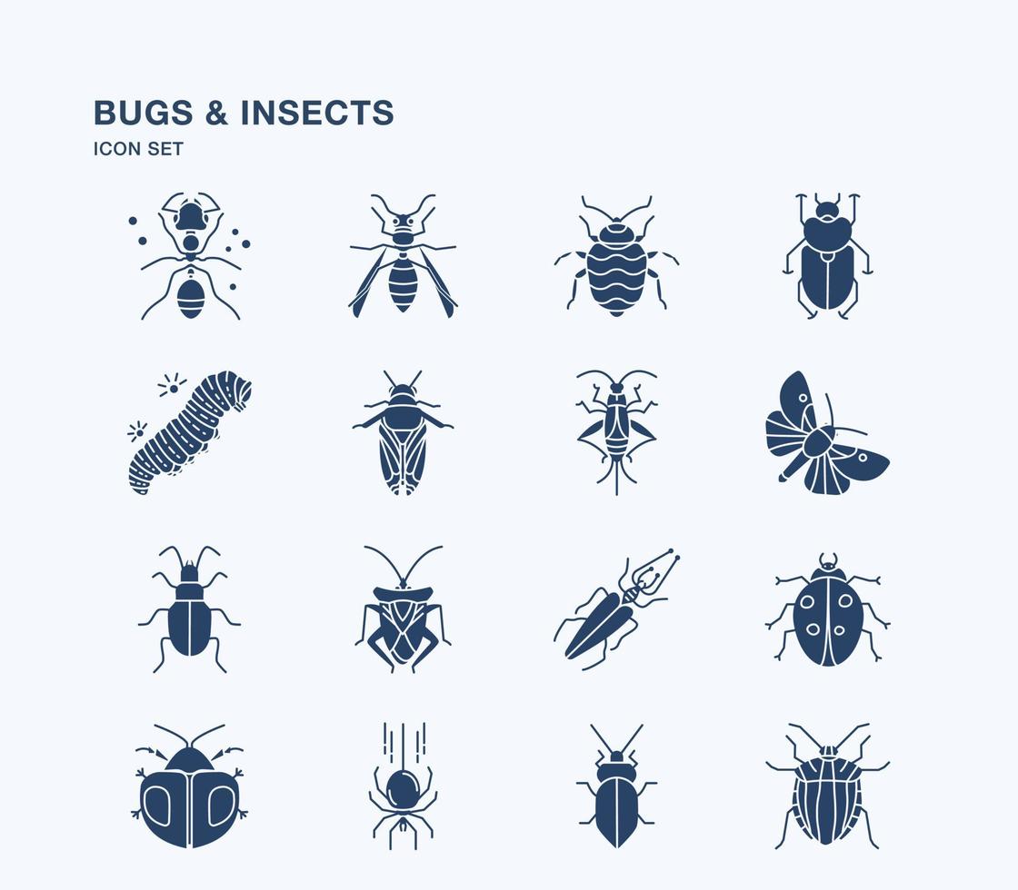 Bugs and Insects solid icon set vector