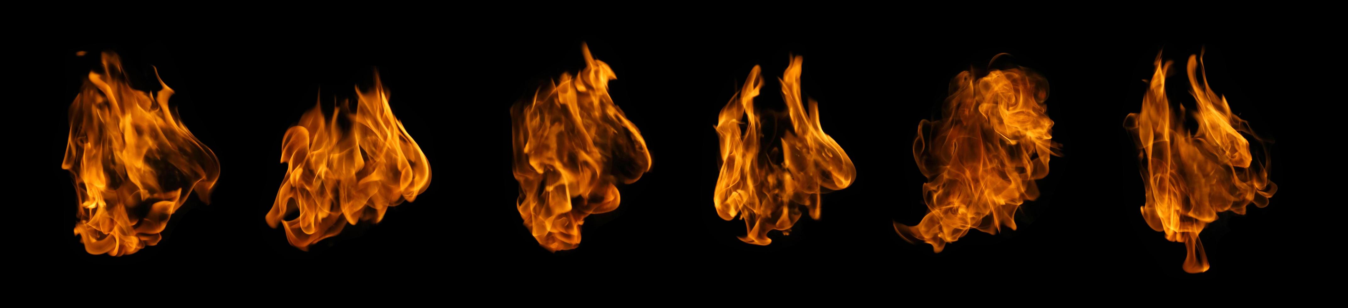 Fire collection set of flame burning isolated on dark background for graphic design usage photo