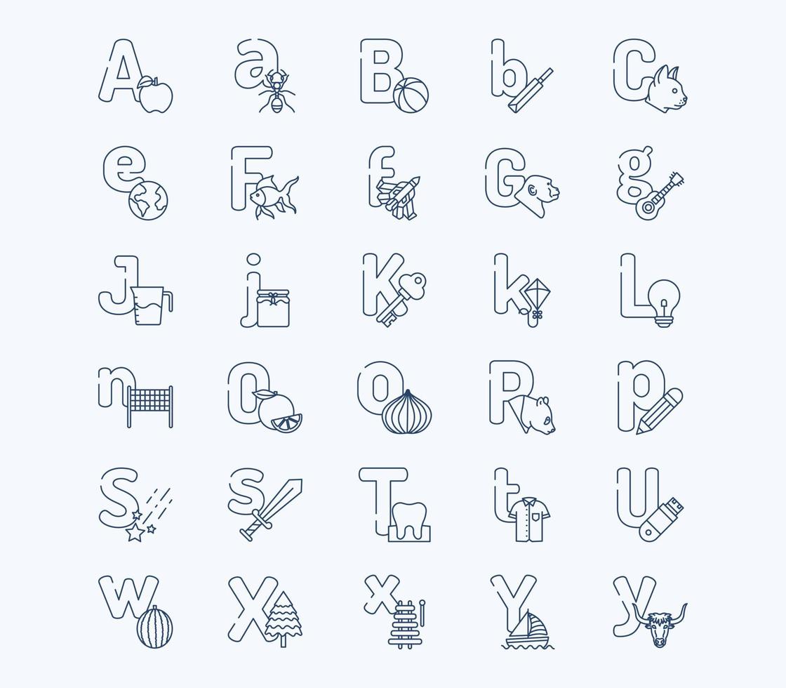 Alphabet letters outline icon set vector