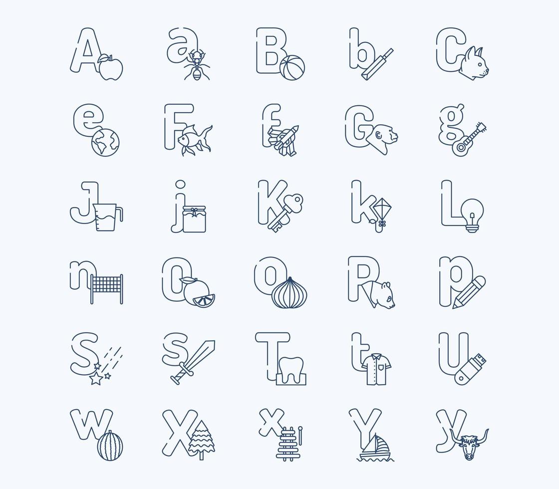 Alphabet letters outline icon set vector