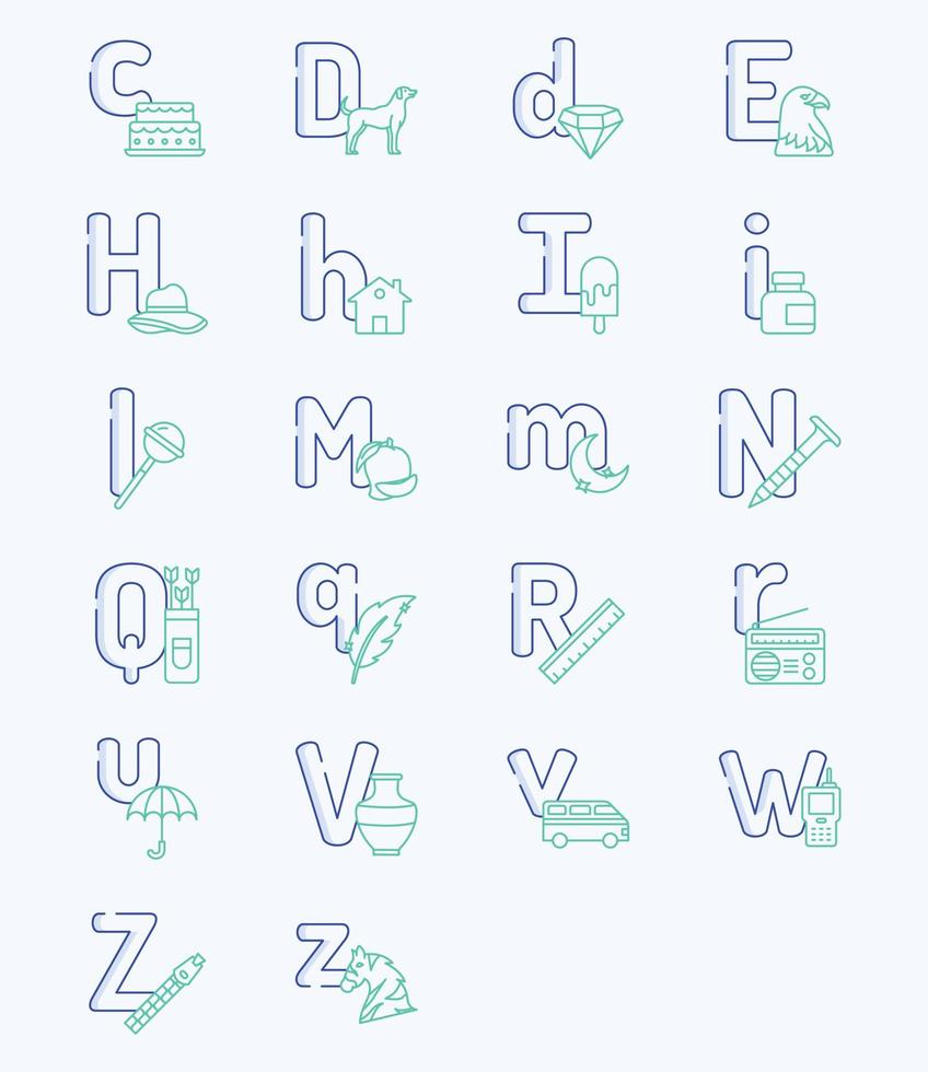 Alphabet letters outline coloured icon set vector