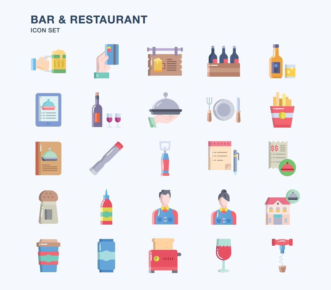 conjunto de iconos planos de bar y restaurante vector