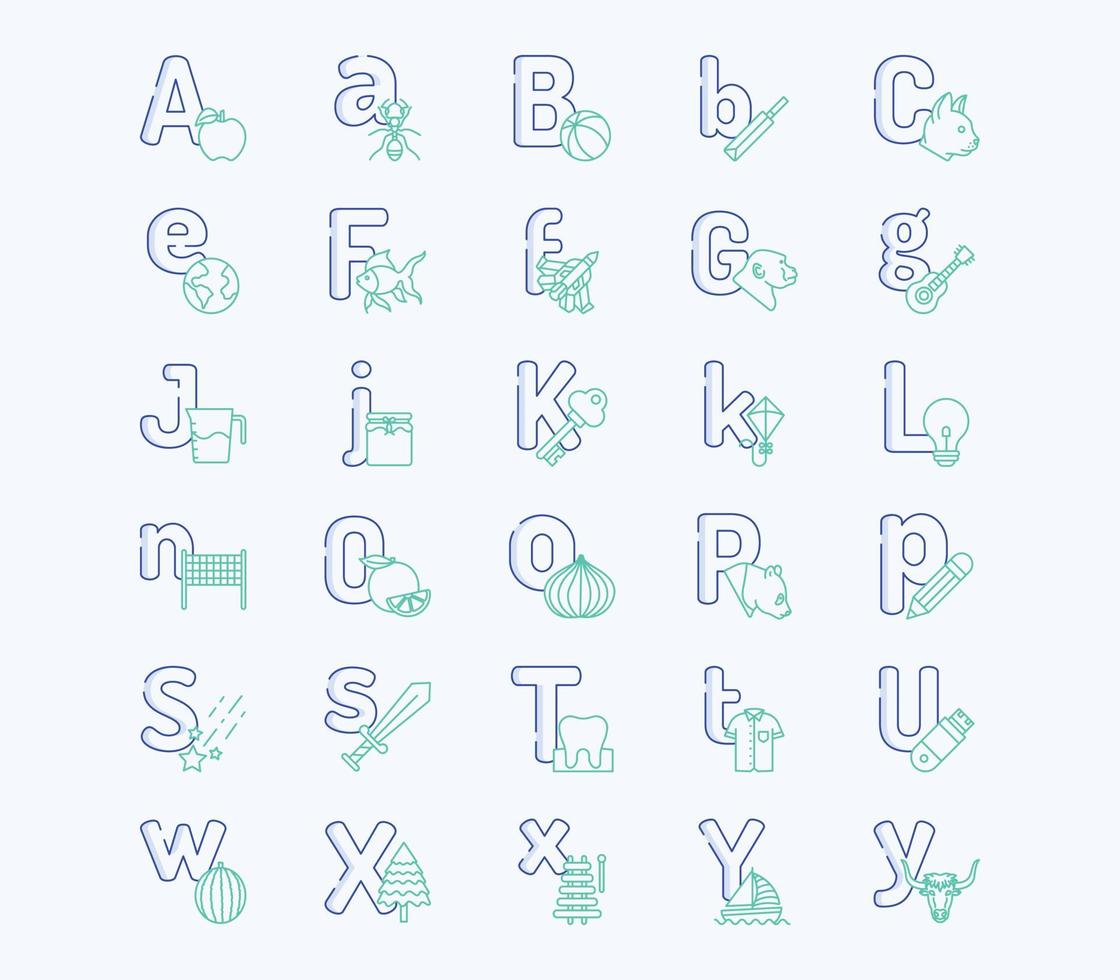 conjunto de iconos de color de esquema de letras del alfabeto vector