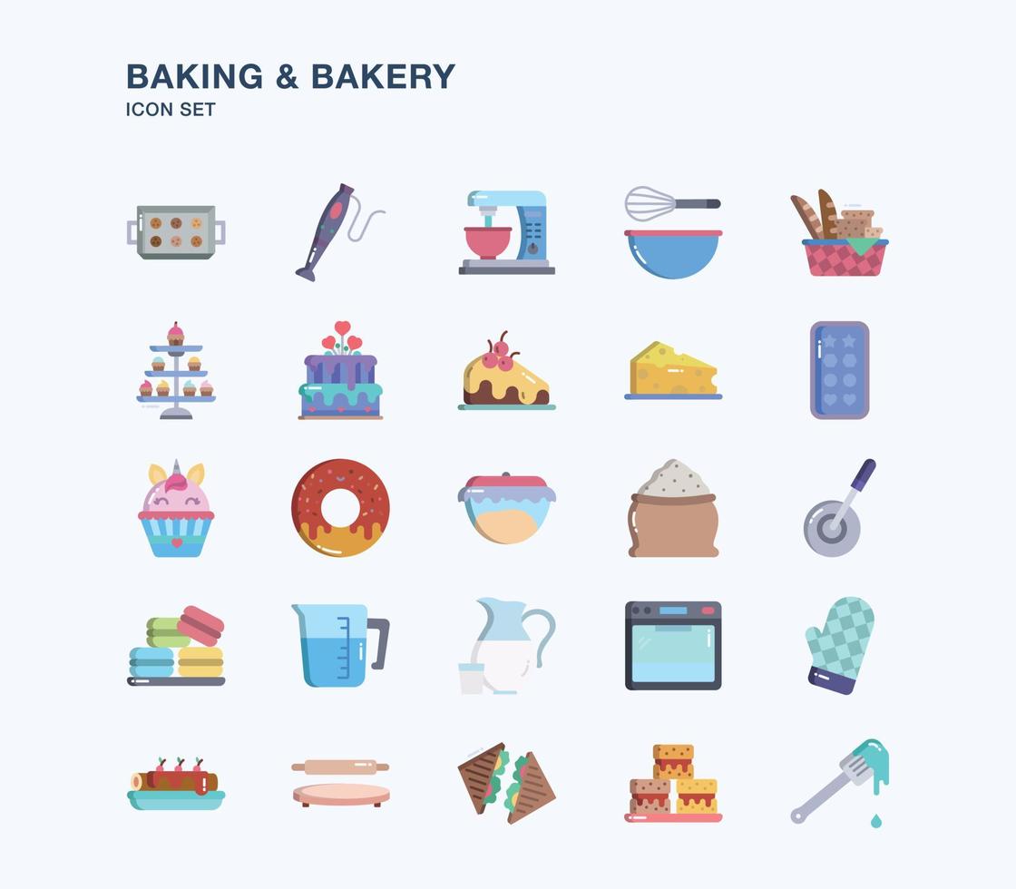 conjunto de iconos planos para hornear y panadería vector