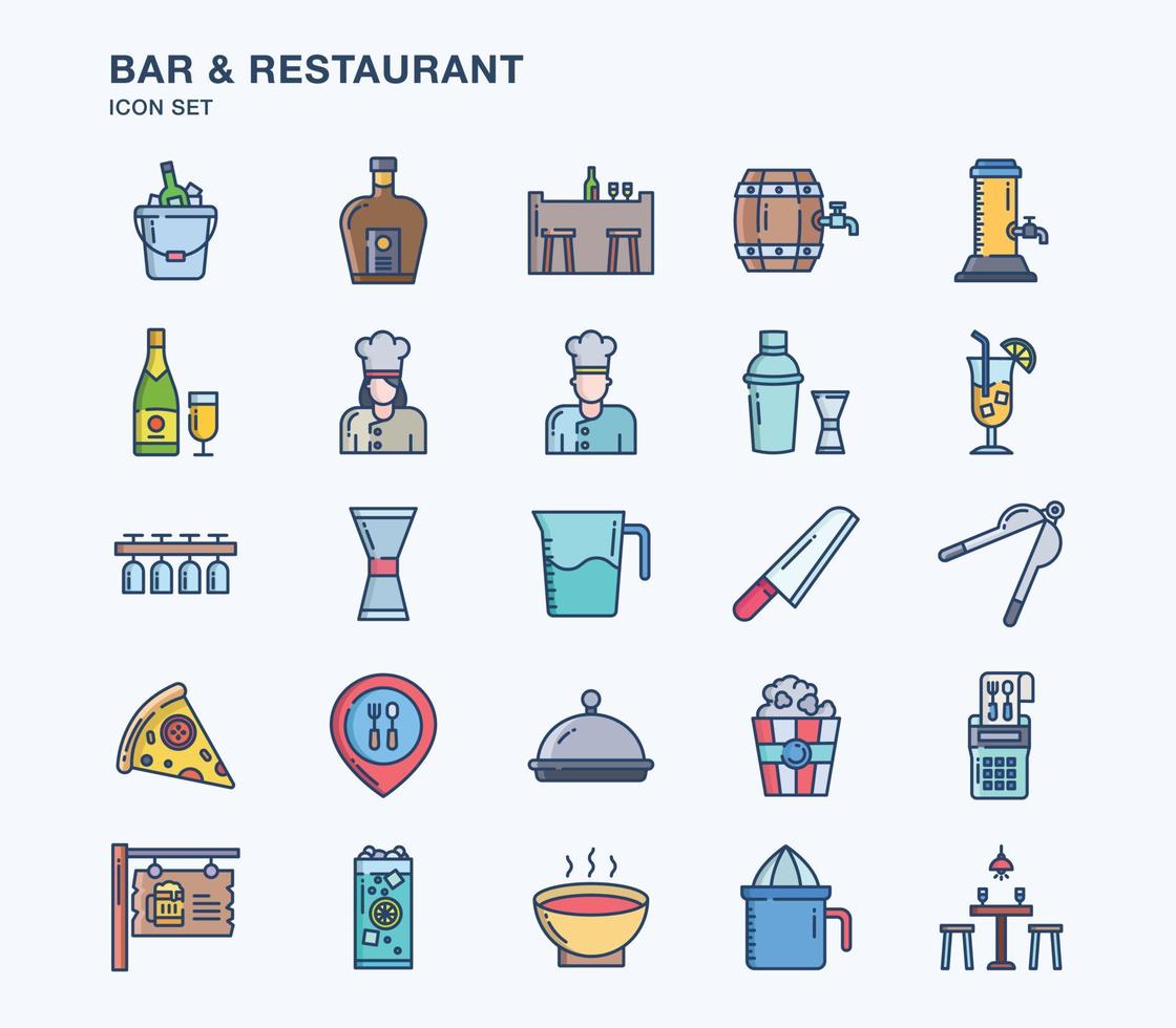 Bar and Restaurant linear coloured icon set vector