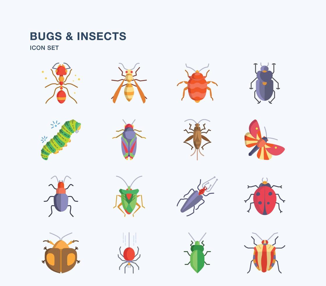 conjunto de iconos planos de bichos e insectos vector