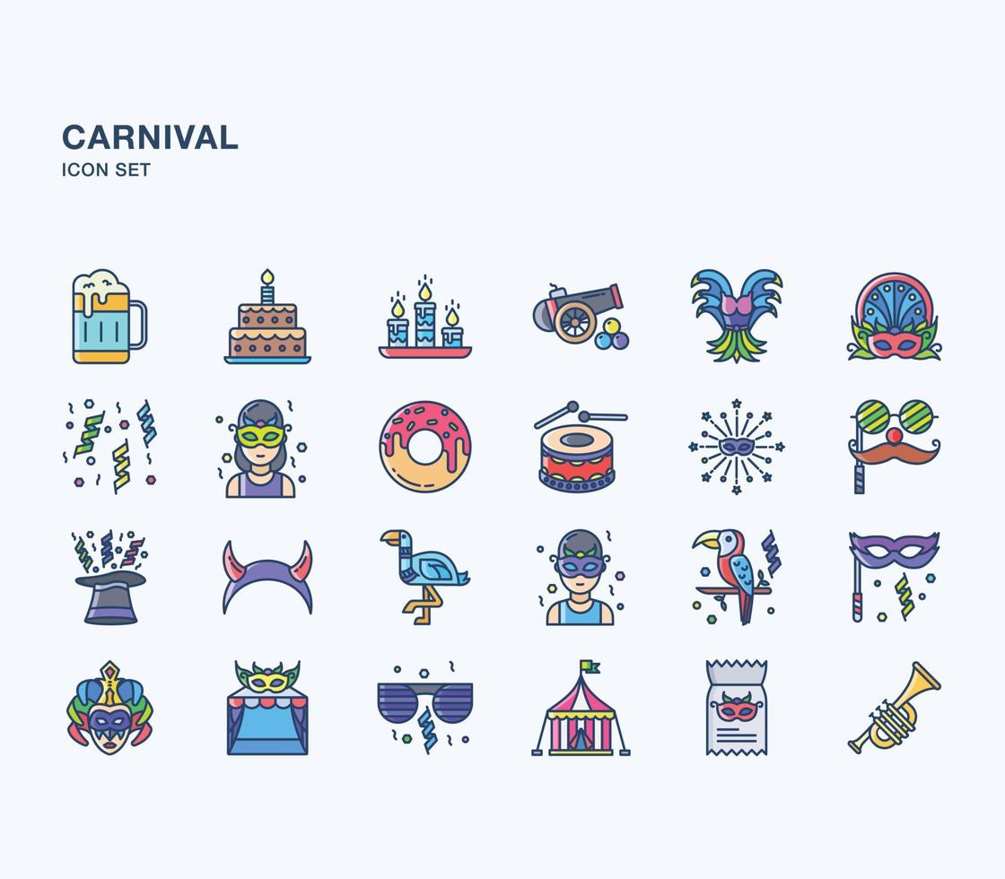 Carnival festival linear coloured icon set vector