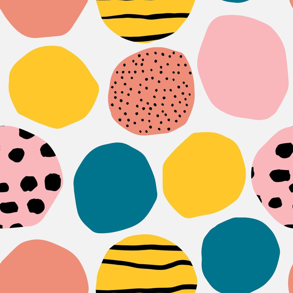 Vector seamless pattern with circles and ink texture. Bright and Bold background. Modern geometrical texture