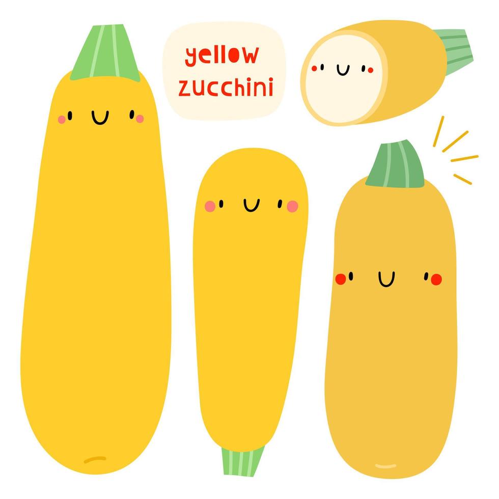 Super cute set - different hand drawn Zucchini. Seasonal Zucchini vegetable character with smiley face. Funny food illustration vector