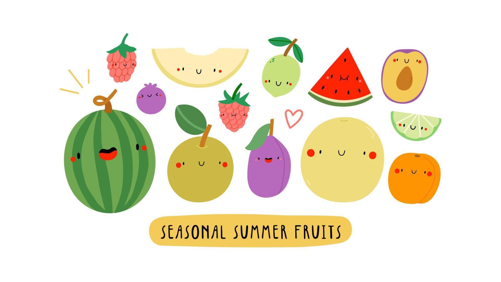linda ilustración con frutas de verano de temporada sobre un fondo blanco.  personajes de comida de dibujos animados sonrientes: sandía, frambuesa,  ciruela, pera asiática, albaricoque, melón, lima. pancarta de frutas  saludables. 9732400