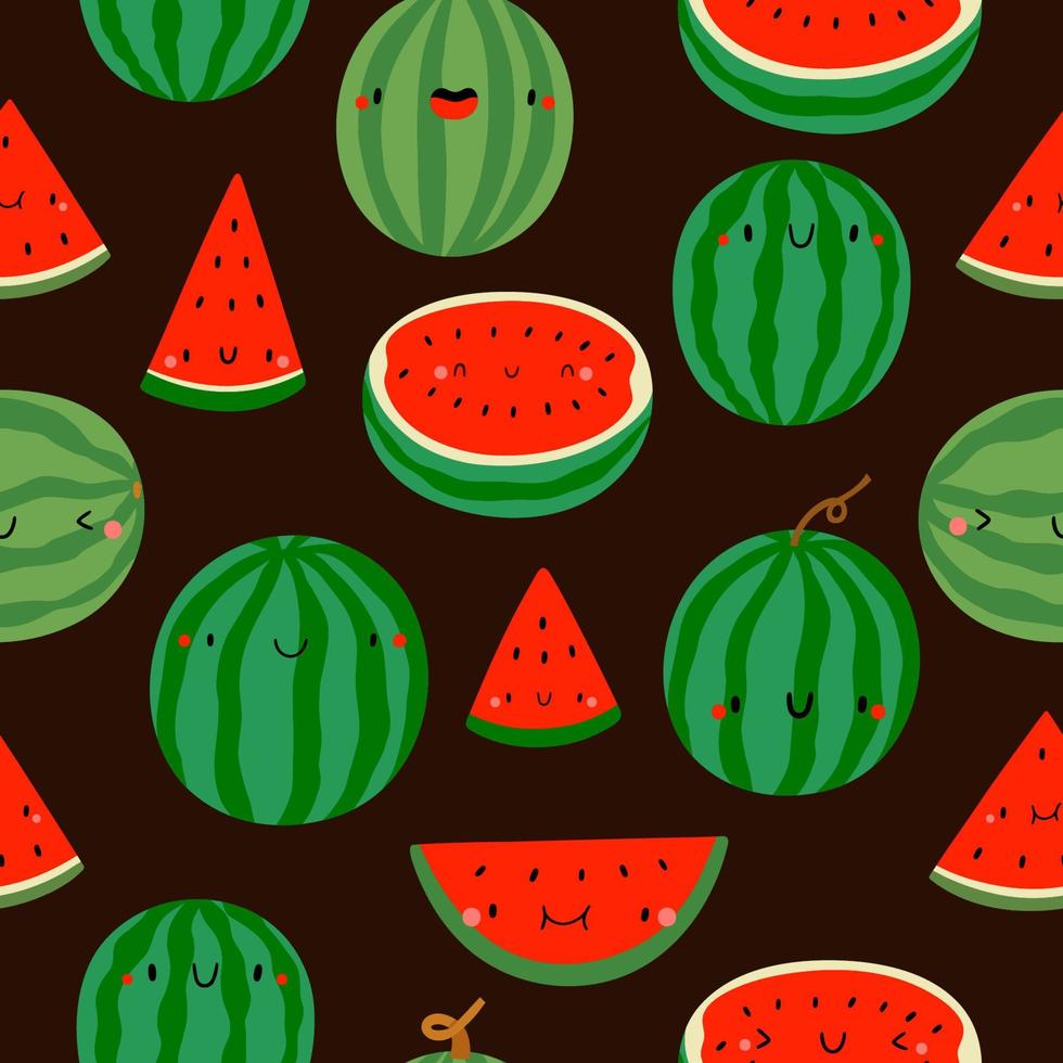 Super cute seasonal pattern with Watermelon. Summer seasonal fruit background. Smiley watermelon characters. Watermelon slices with faces vector
