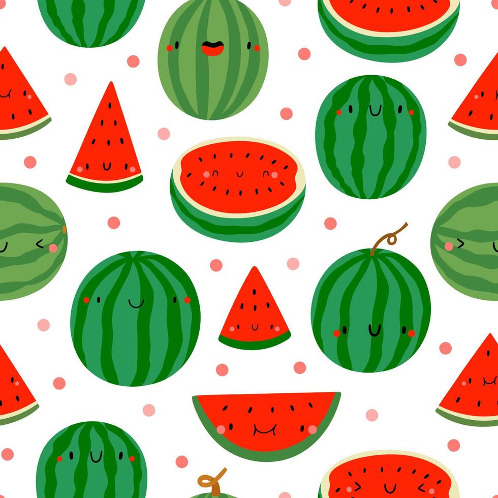 Super cute seasonal pattern with Watermelon. Summer seasonal fruit background. Smiley watermelon characters. Watermelon slices with faces vector