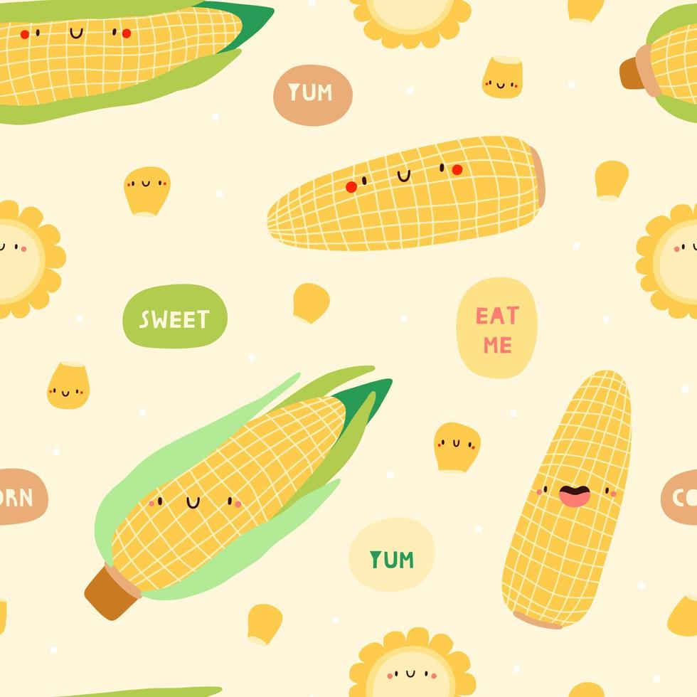 Super cute seasonal pattern with Sweet Corn. Summer seasonal vegetable background. Smiley sweet corn characters. Cute food texture vector