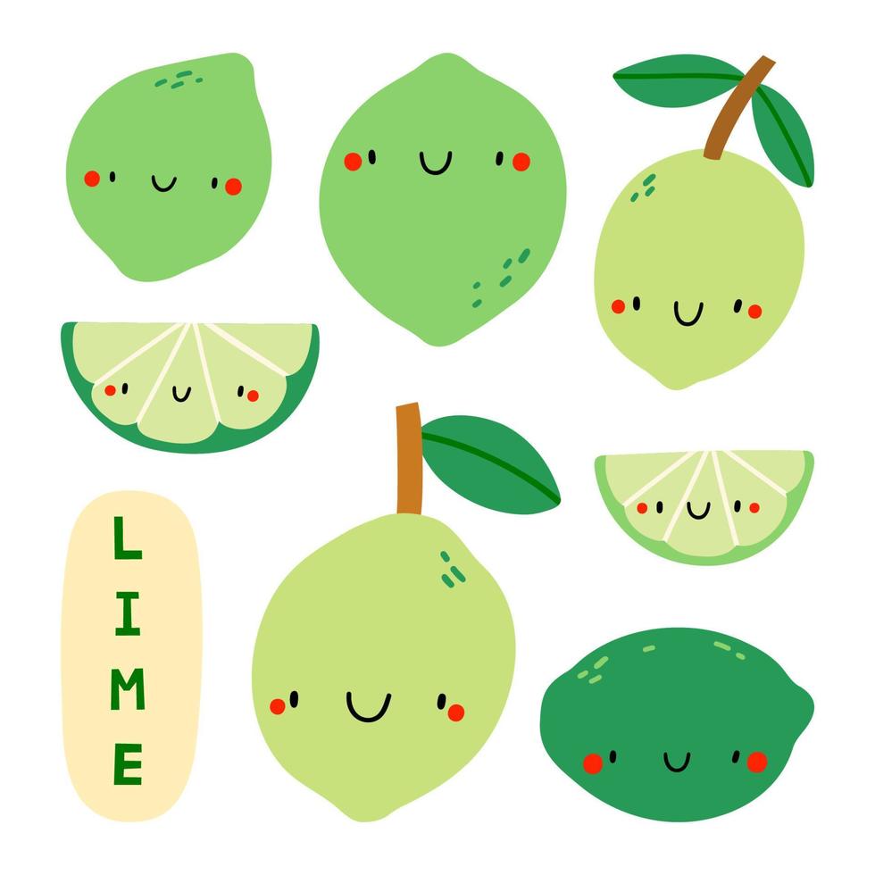 conjunto super lindo - lima dibujada a mano diferente. carácter de fruta de lima de temporada con cara sonriente. ilustración de comida divertida vector