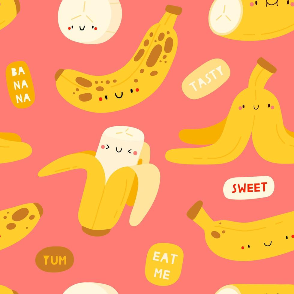 Seamless vector pattern with bananas characters and speech bubbles. Funny and cute food texture. Summer fruits background with hand drawn different bananas