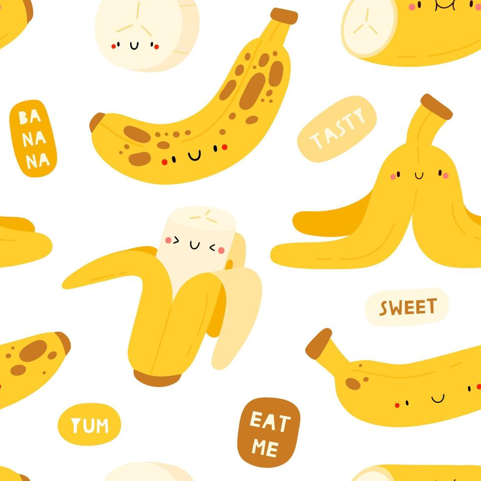 Seamless vector pattern with bananas characters and speech bubbles. Funny and cute food texture. Summer fruits background with hand drawn different bananas