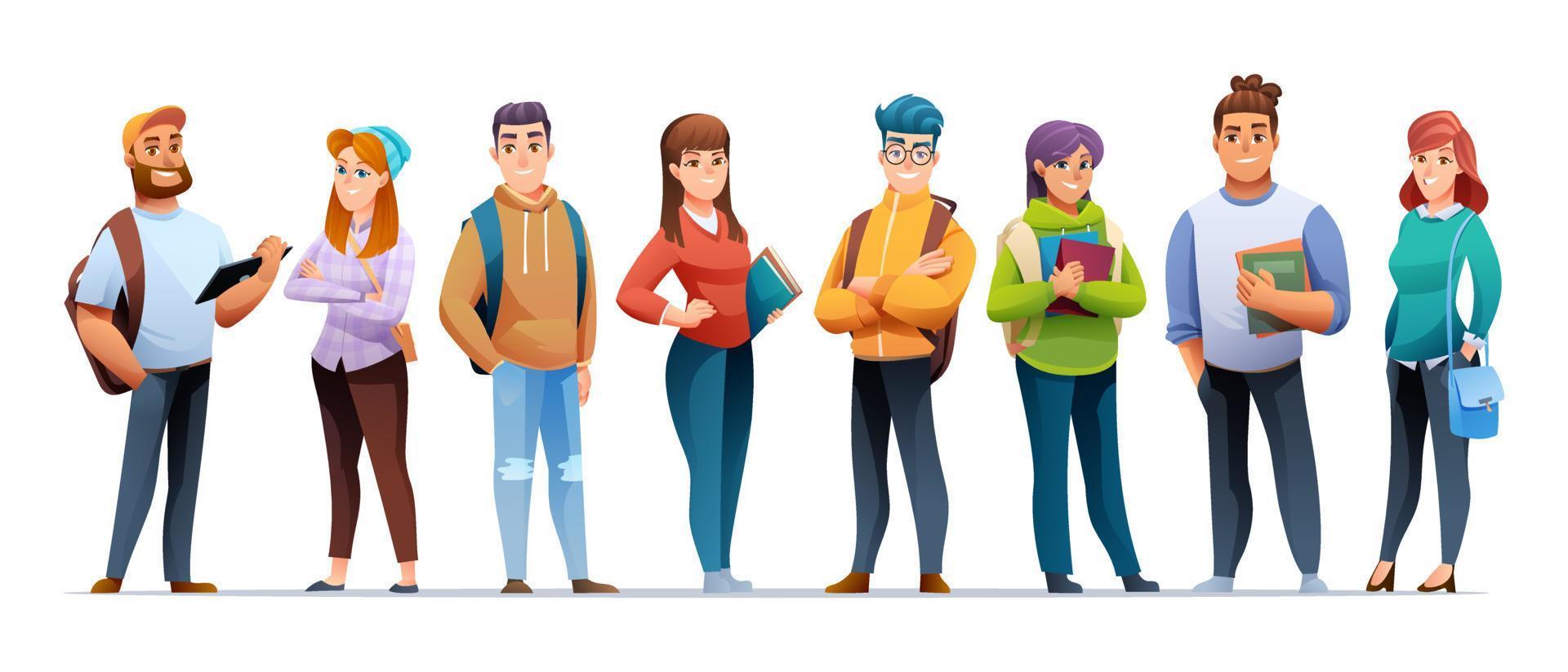Set of young student characters in cartoon style vector