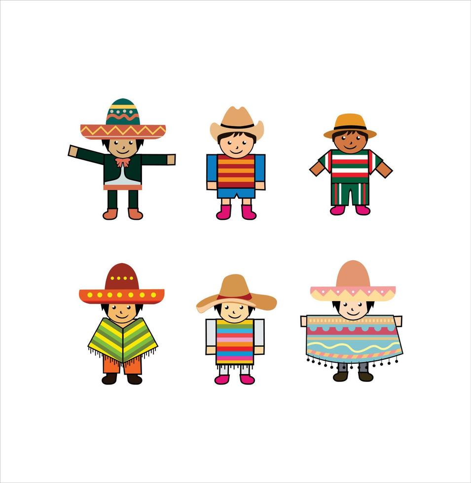 Set Of Vector Illustration Mexicans children Wearing Traditional Costumes