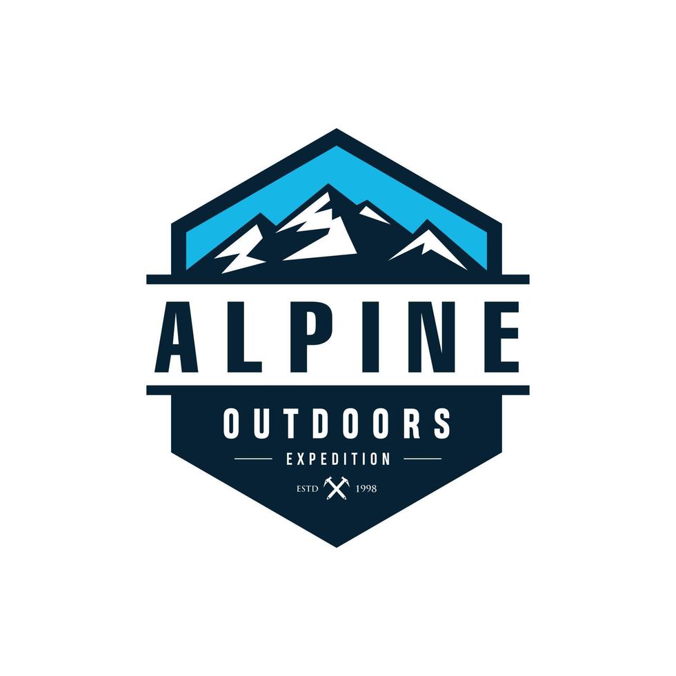 Alpine Mountain Adventure logo Outdoor Hiking, Camping Expedition And Exploring Nature design emblem badge vector