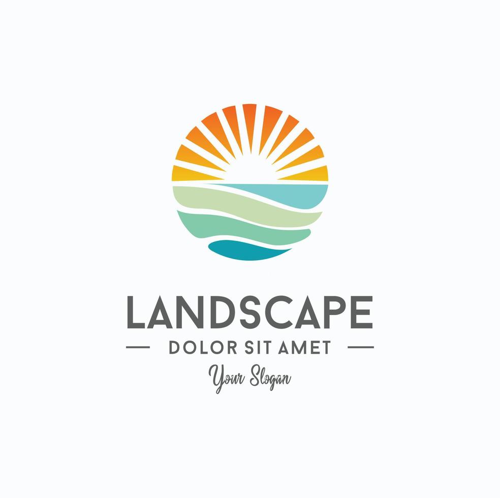 Ilustración de vector de plantilla de diseño de paisaje de logotipo de playa puesta de sol abstracto