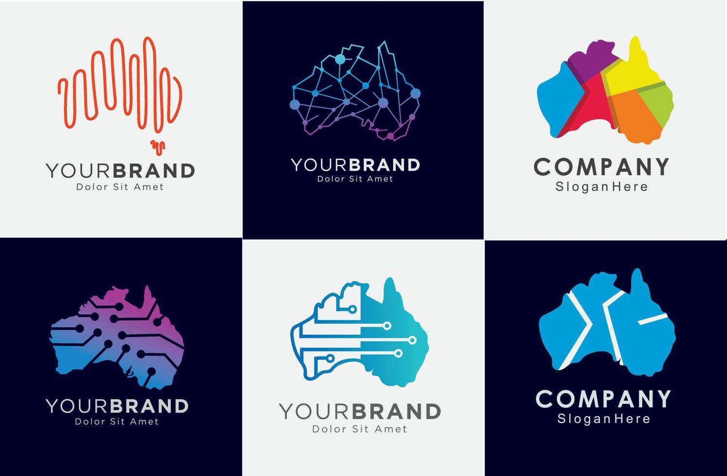 conjunto de australia tecnología conexión logotipo mapa plantilla diseño ilustración digital innovador vector