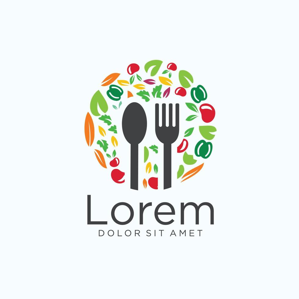 logotipo vegetal de comida vegana con emblema de cuchara y tenedor vector