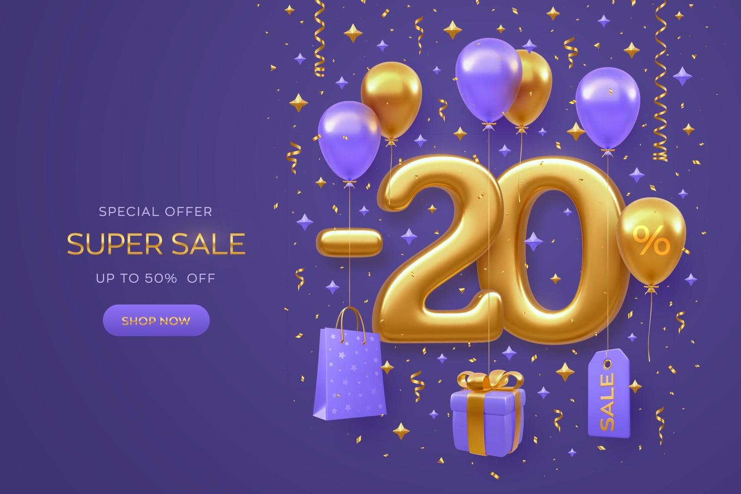 20 percent Off discount promotion Sale banner design on purple background. Realistic gold 3D 20 number with shopping bag, price tag, gift box with golden bow, fly helium balloons. Vector illustration.