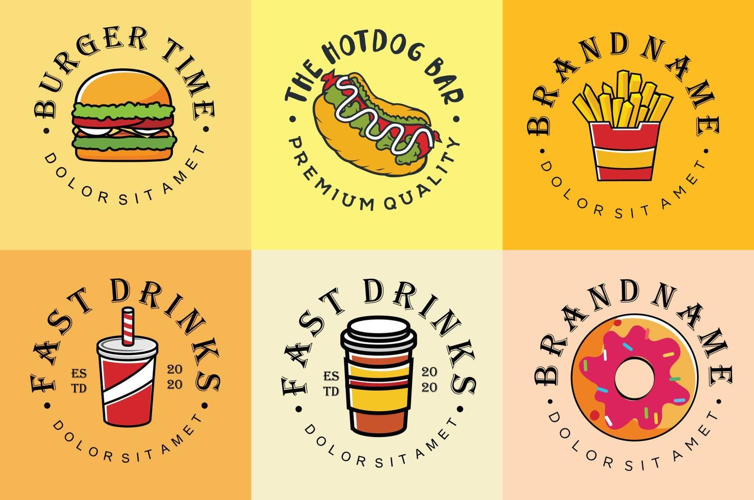 conjunto de comida rápida logo bebida menú hamburguesa vector diseño plano ilustración