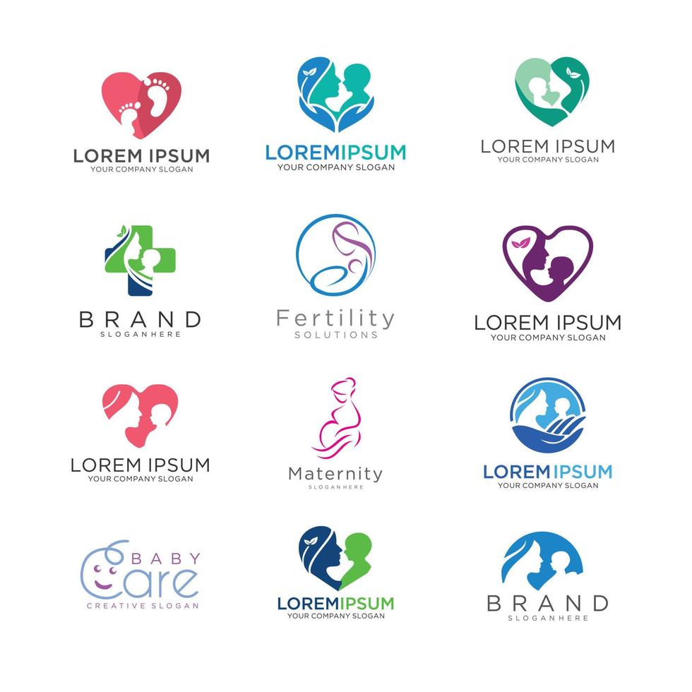 conjunto de cuidado del bebé con logotipo de mamá y bebé con plantilla de diseño de maternidad vector