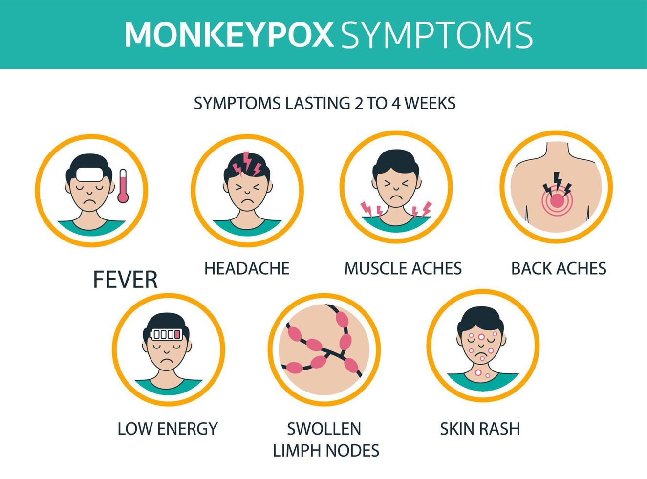 Monkeypox virus outbreak symptoms infographics world health organization. Fever, headache, aches, rash.. Infected people spreading from monkey. Flat design with icons vector