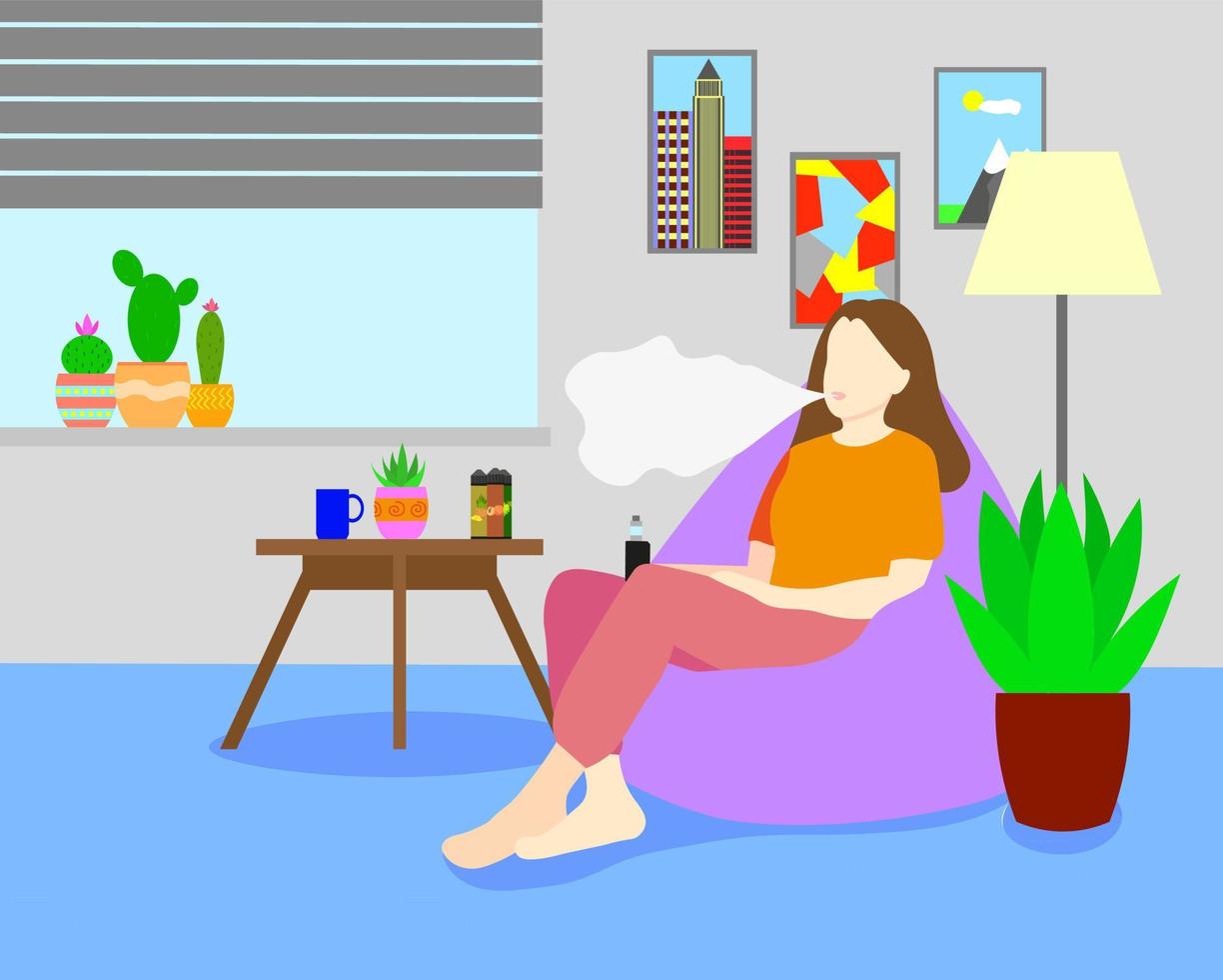 The girl is vaping while sitting at home in a bag chair. Vector illustration. The girl is sitting in her room. Electronic cigarette