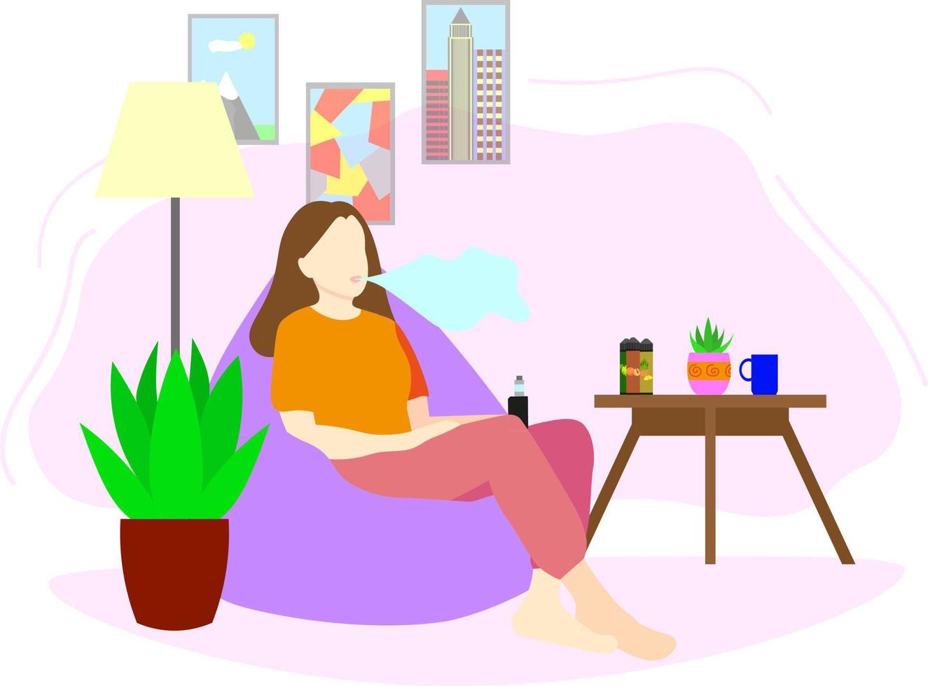 la chica está vapeando mientras está sentada en casa en una silla de bolsa. ilustración vectorial la niña está sentada en su habitación. cigarrillo electrónico vector