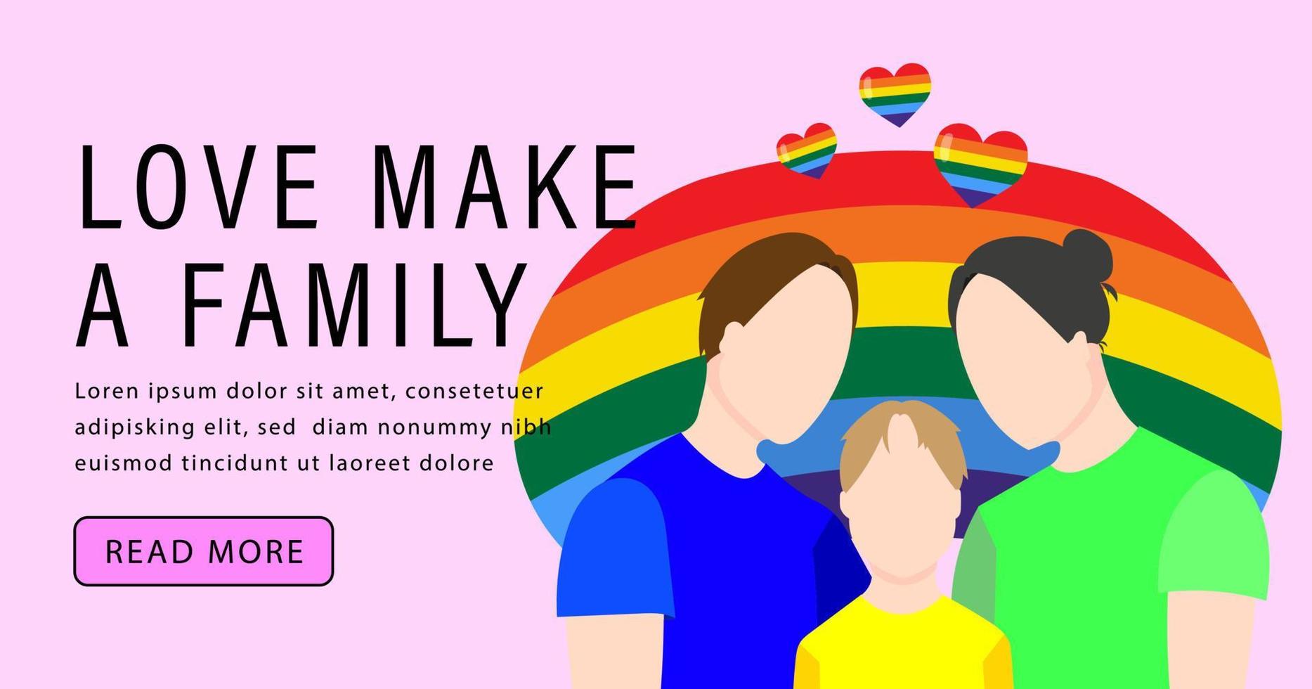 familia gay en el fondo de la bandera lgbt. ilustración vectorial en un estilo plano. plantilla de banner lgbtq sobre fondo rosa. vector