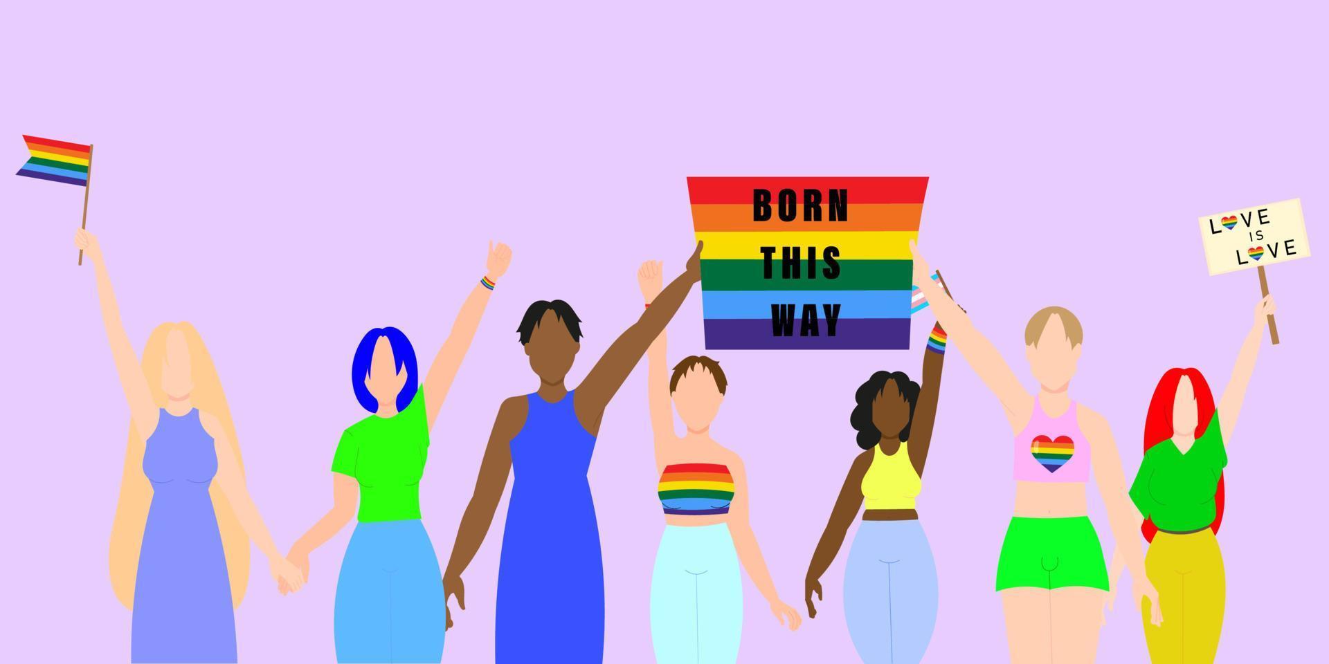 desfile del Orgullo Gay. un grupo interracial de gays, lesbianas y transexuales que participan en el orgullo lgbt. ilustración vectorial plana de estilo moderno vector