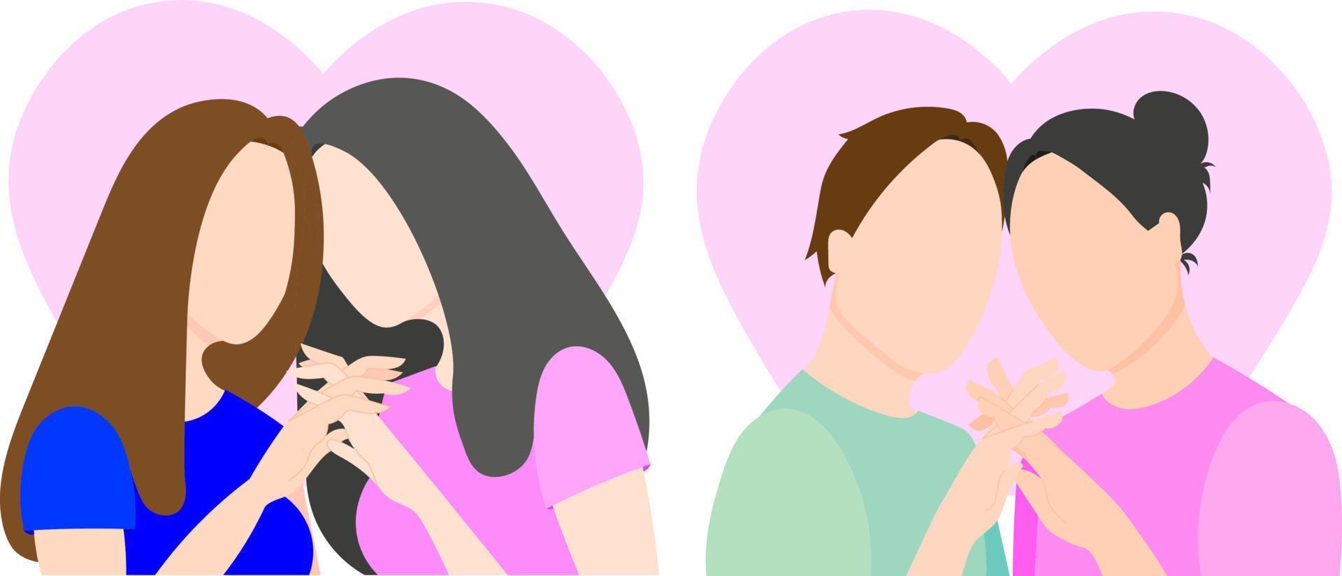 un conjunto de dos parejas lgbt tomados de la mano. ilustración vectorial plana. gays y lesbianas vector