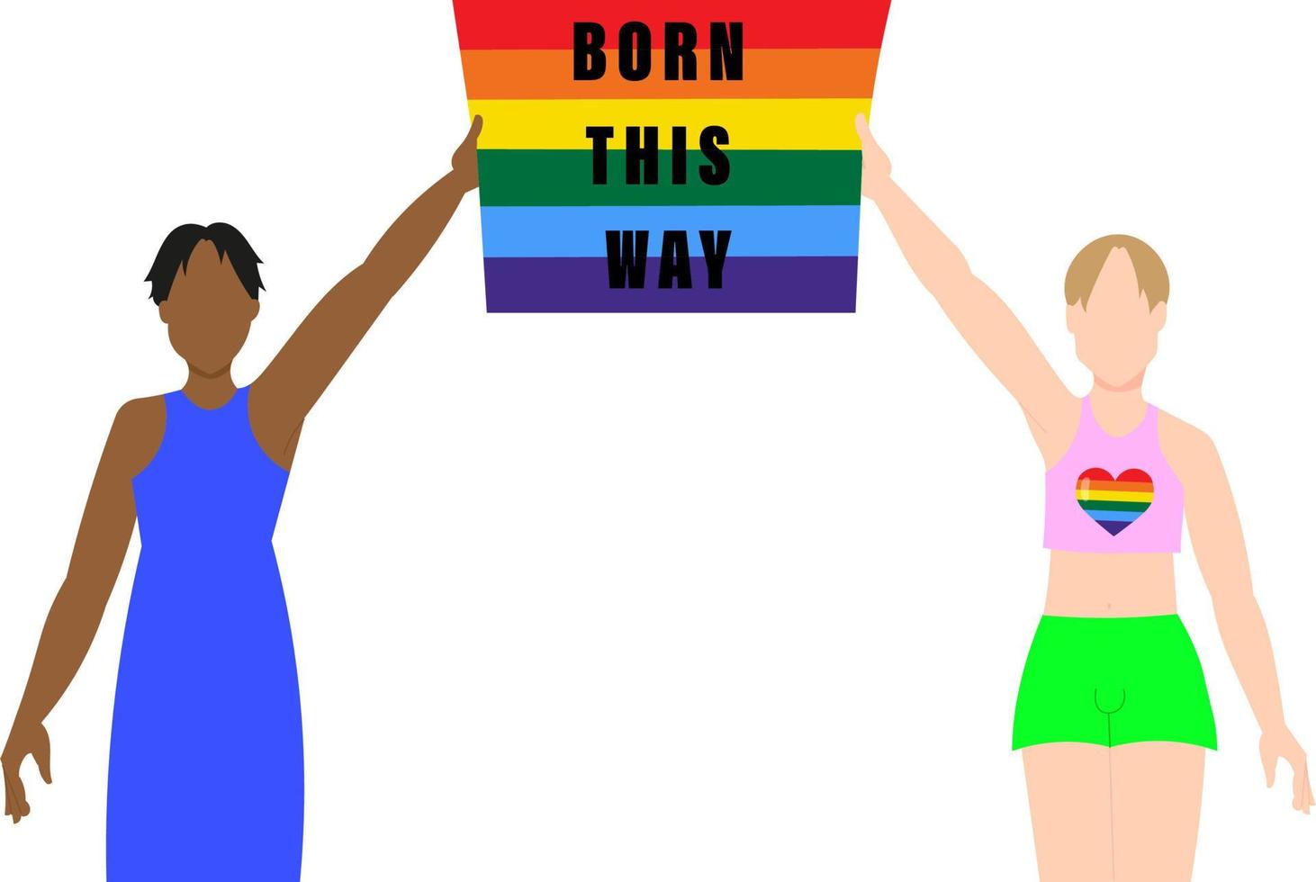 Two gay men hold a poster with an LGBT flag. Flat vector illustration.