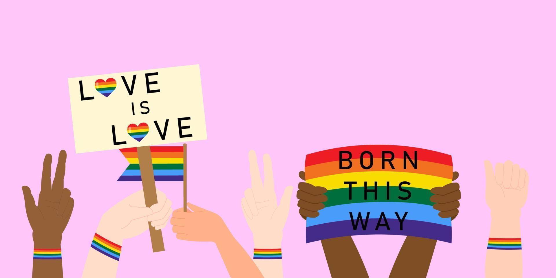 Hands holding LGBT posters. People are crowding with the rainbow flag, gender signs and hearts, the LGBTQ community, pride month. A set of vector illustrations of gay pride posters