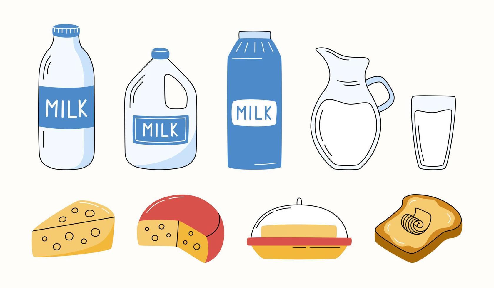 colección de productos lácteos y agrícolas en estilo plano. leche, mantequilla, queso, rebanada de pan. vector