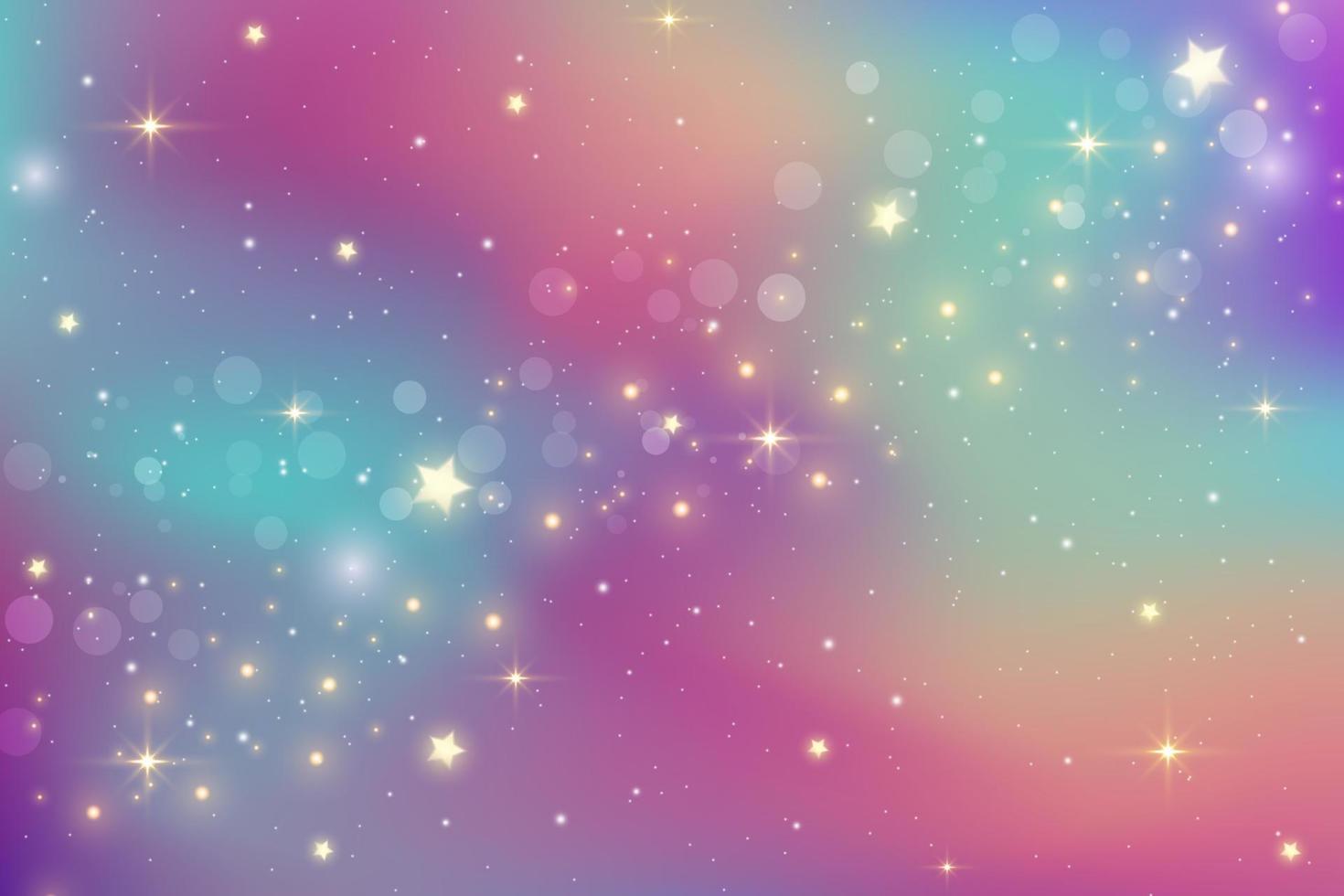 fondo de fantasía del arco iris. cielo multicolor brillante con estrellas y bokeh. ilustración holográfica en colores pastel violeta y rosa. lindo fondo de pantalla femenino de dibujos animados. vector. vector