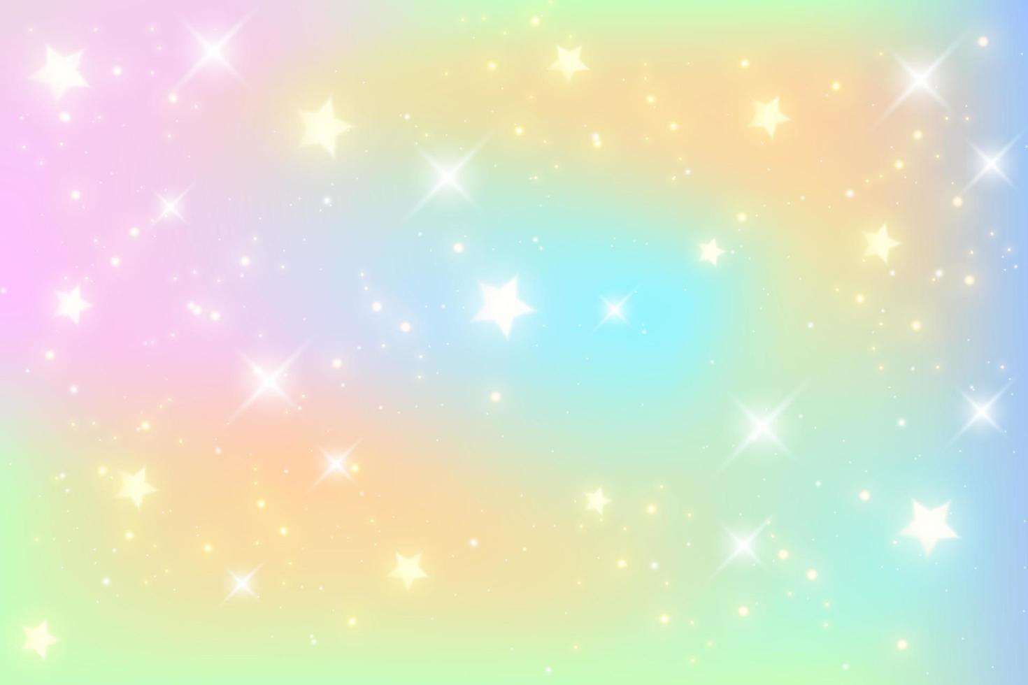 Rainbow unicorn fantasy wavy background with bokeh and stars. Holographic illustration in pastel colors. Bright multicolored sky. Vector. vector