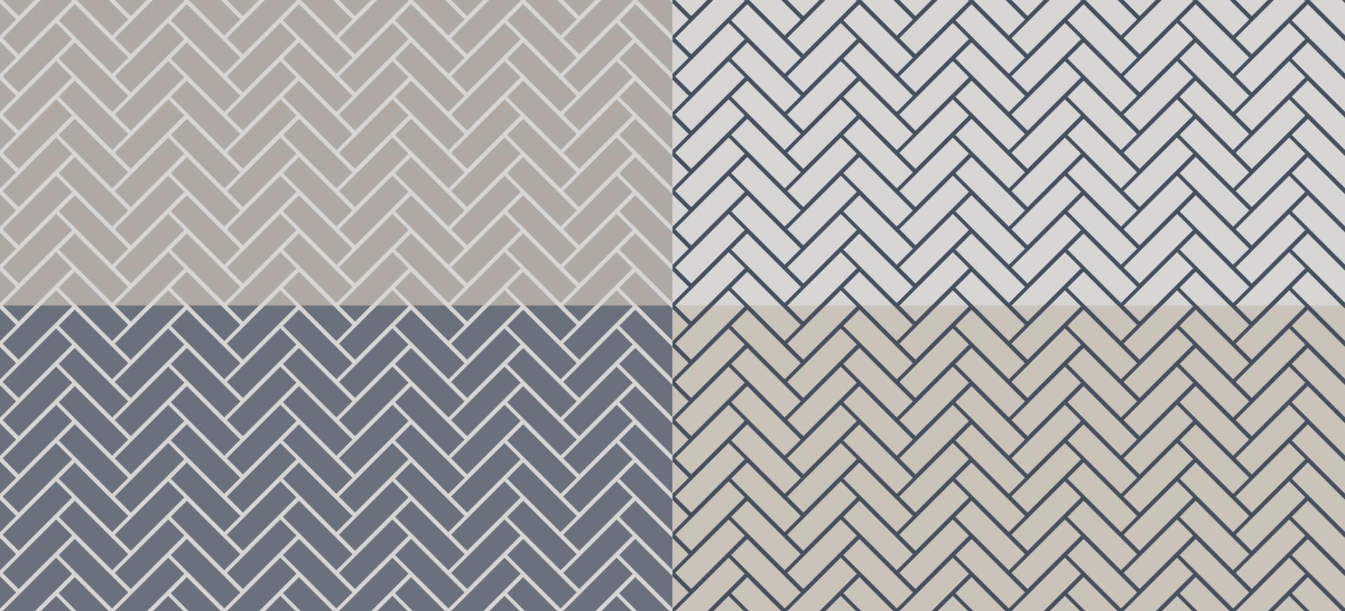 Herringbone tile patterns. Diagonal grey ceramic bricks backgrounds. Vector seamless illustrations set
